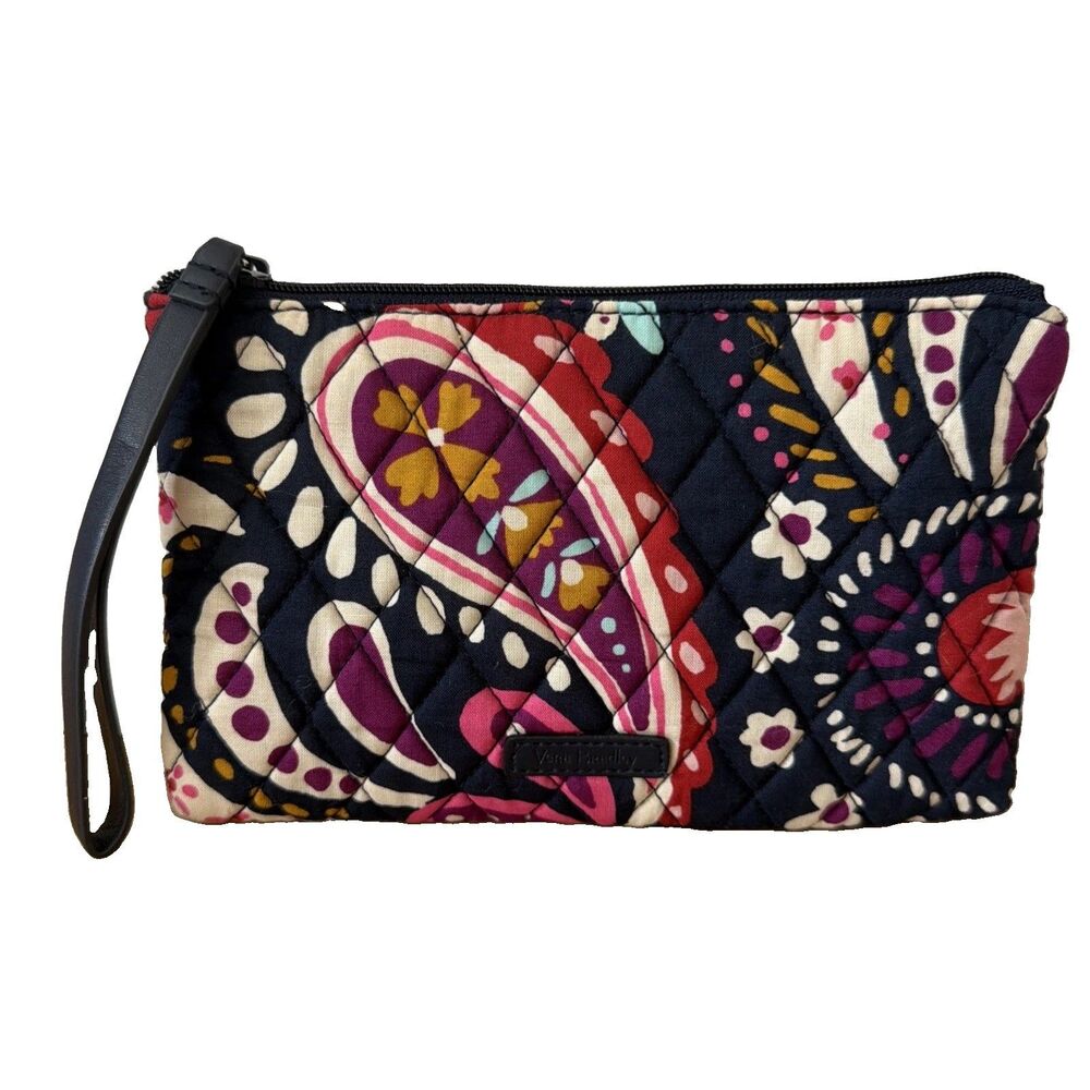 Vera Bradley Painted Paisley Escapade Wristlet Makeup Bag Navy Blue Pink